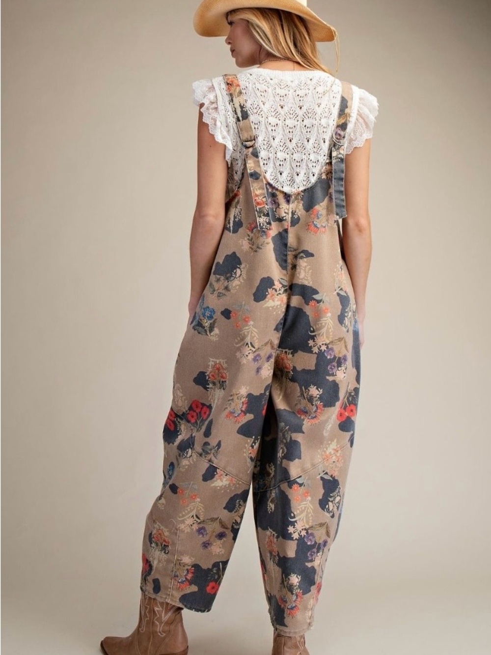 Easel Floral Beige Wide-Leg Overalls - Picture 5 of 5